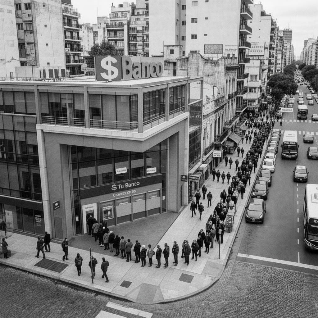 Fila de personas sobre la vereda frente a una sucursal bancaria, en blanco y negro