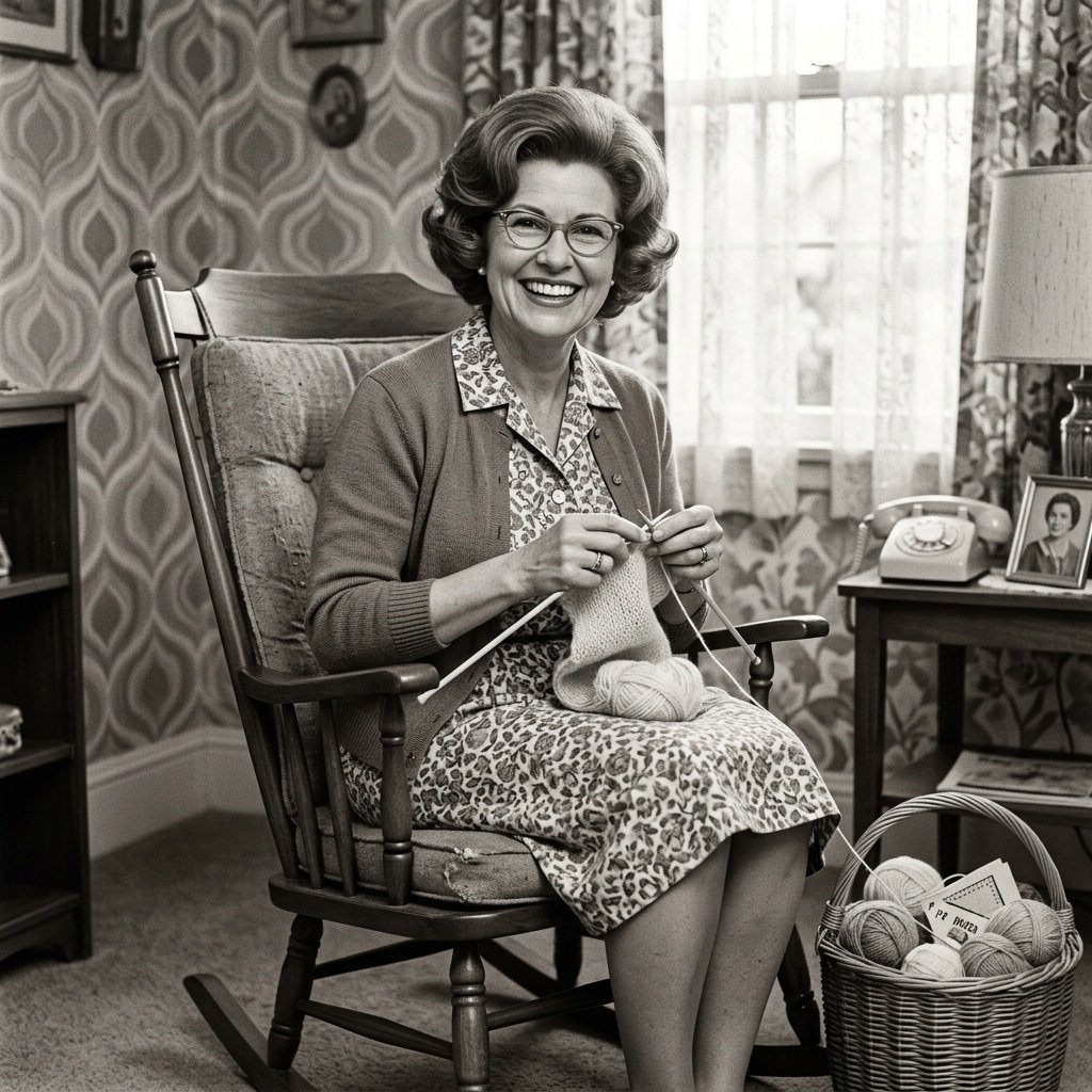 Cuento del día de la madre: una señora sonriente teje en una mecedora, en blanco y negro